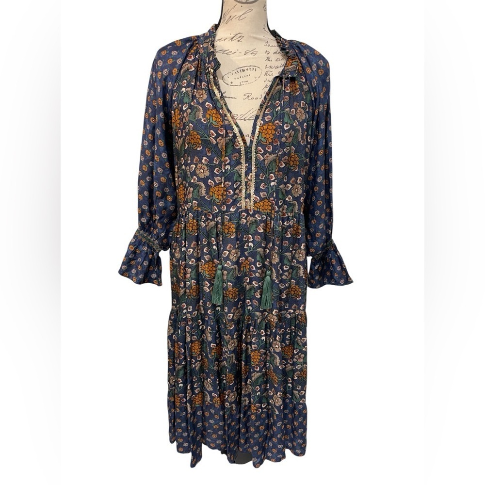 NAUDIC Orange and Blue Tiered Bohemian Sundress with Bishop Sleeves EUC